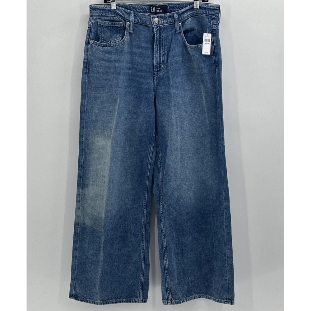GAP High Rise‎ Extra Wide Leg Crop Jeans Size 14/34R Blue Baggy Boho Stretch Y2K